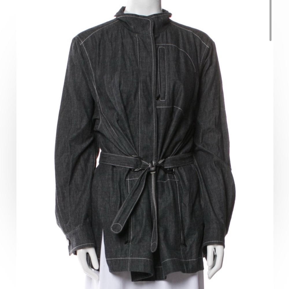 Akris Punto Gray Denim Cotton Belted Stand Collar Zipper Pocket Jacket EUC US 12